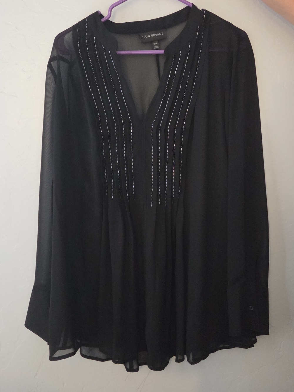 Lane Bryant Black Sheer Pintuck Split-Neck Blouse